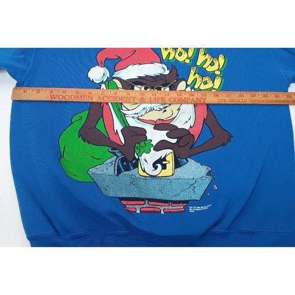 Vintage Looney Tunes Christmas Taz Santa Ho Ho Ho L Sweatshirt Blue Tultex USA - Picture 4 of 16
